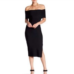 Dalia MacPhee Off-the-Shoulder Bodycon Bandage Midi Black Dress Cocktail